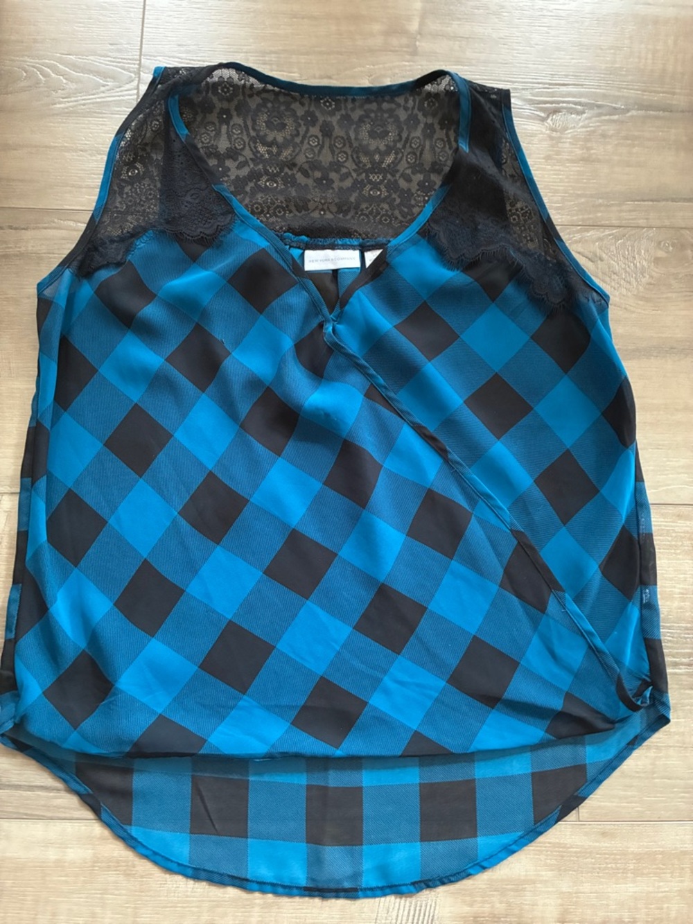 New York & Company Blue and Black Plaid Lace-Trim Wrap Tank Size XS